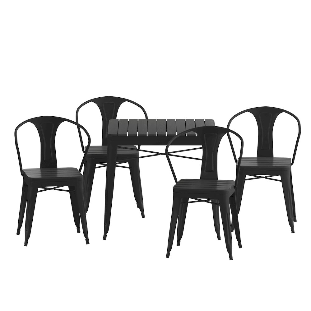 5 Piece Table and Chairs, 31.5" Table with Top, 4 Metal Chairs with Seats, Black. Picture 12