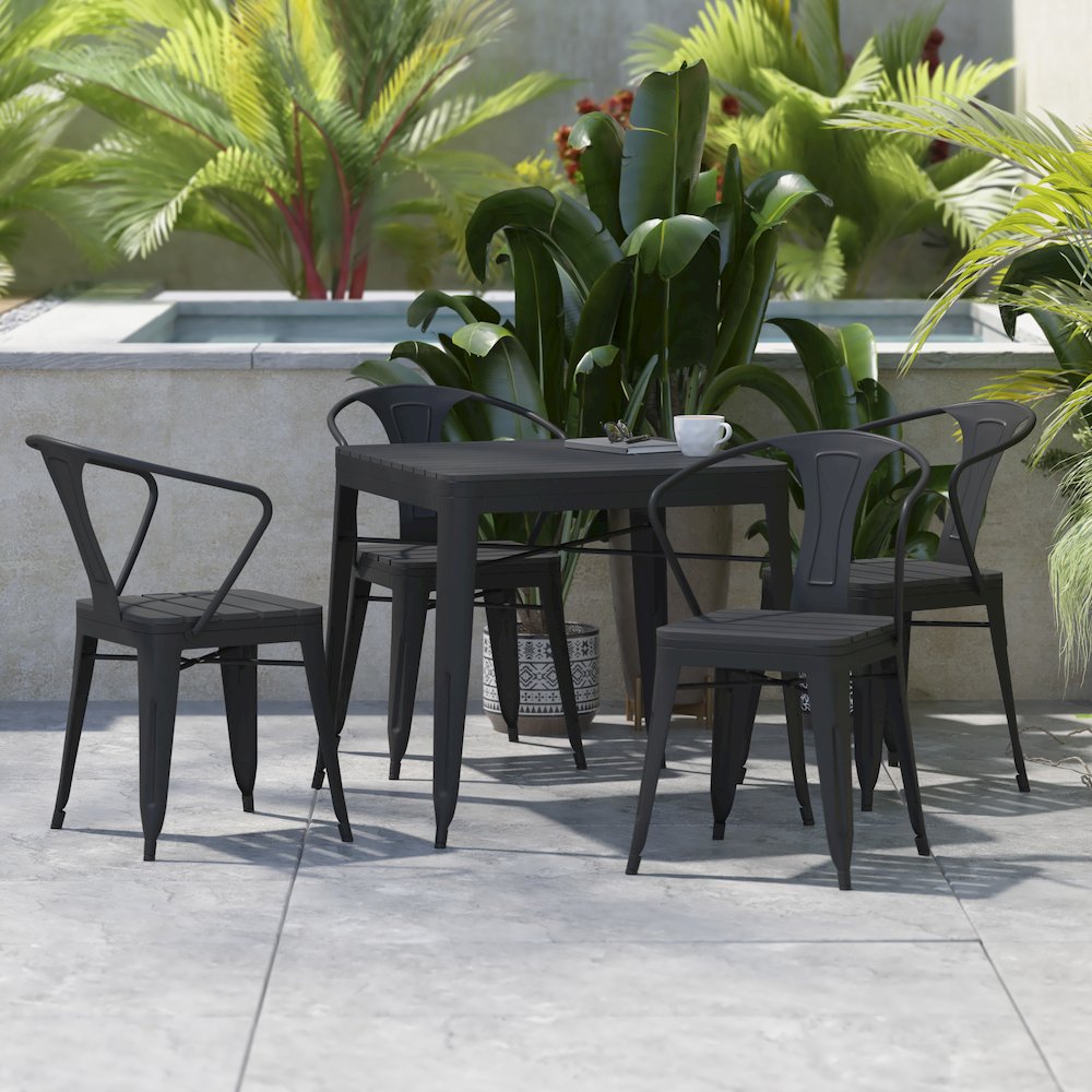 5 Piece Table and Chairs, 31.5" Table with Top, 4 Metal Chairs with Seats, Black. Picture 2
