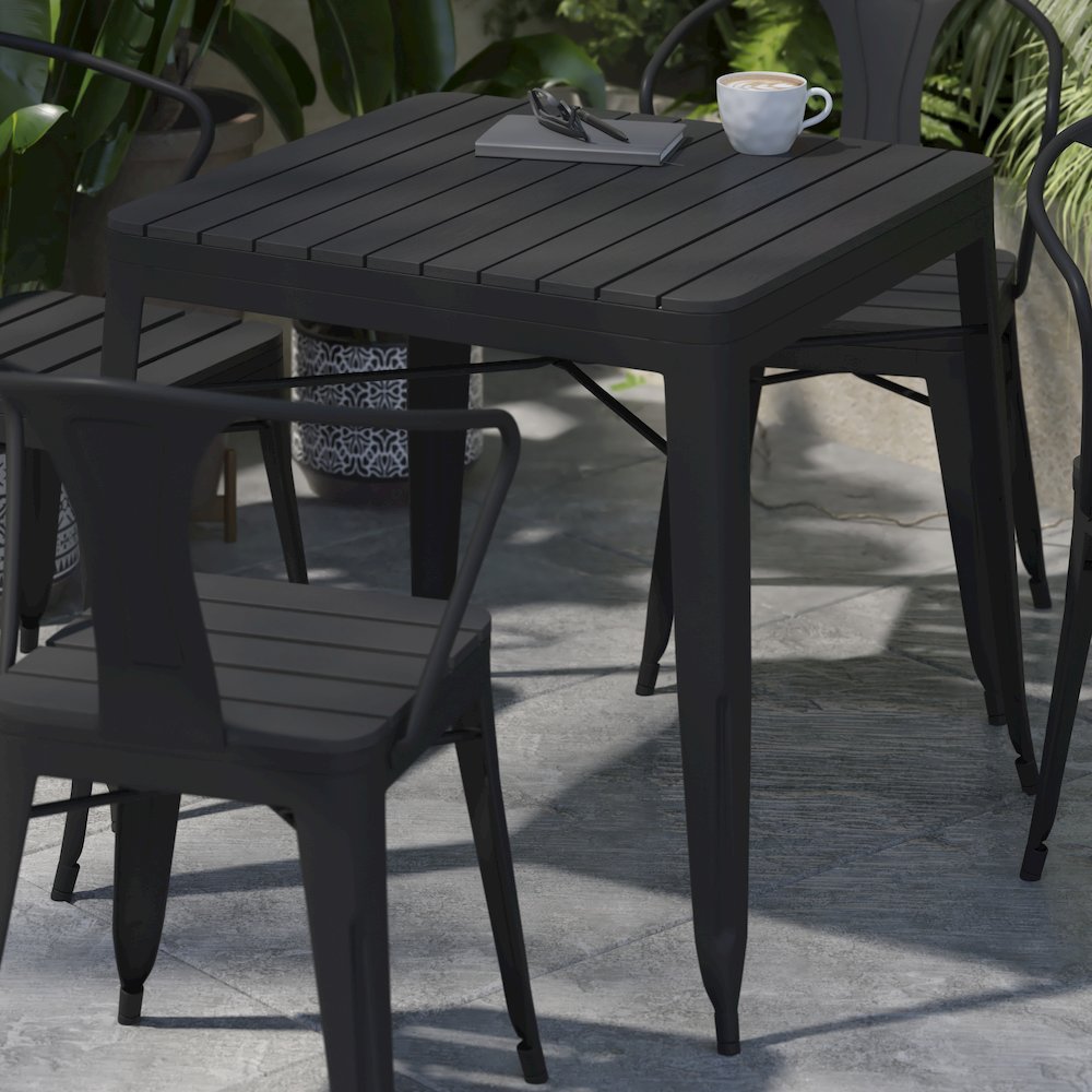 5 Piece Table and Chairs, 31.5" Table with Top, 4 Metal Chairs with Seats, Black. Picture 7