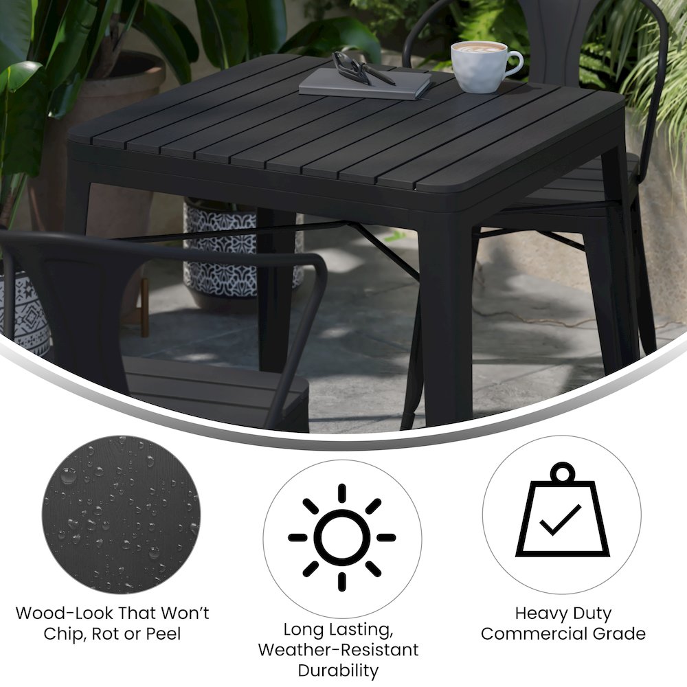 31.5" Black Steel Patio Dining Table for 4 with Black Poly Resin Slatted Top. Picture 4