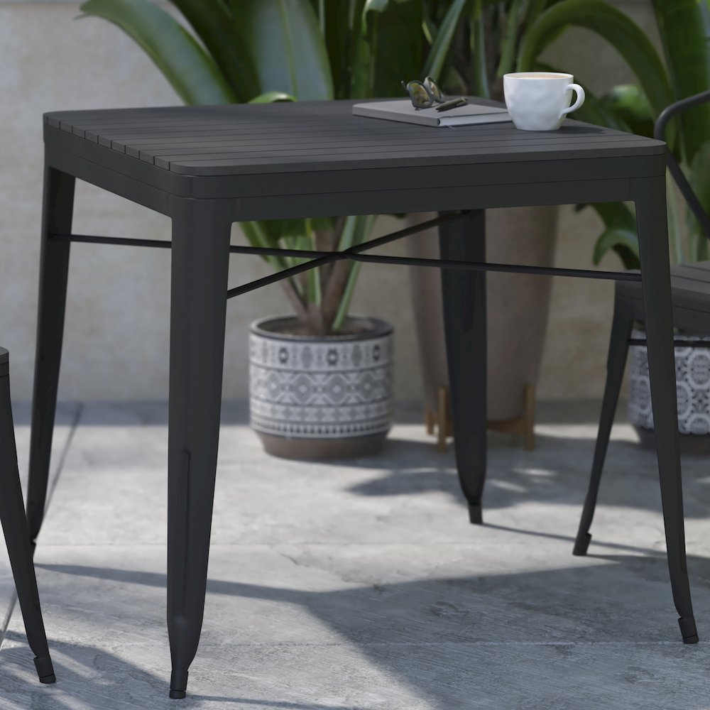 31.5" Black Steel Patio Dining Table for 4 with Black Poly Resin Slatted Top. Picture 2
