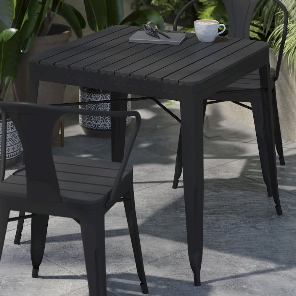 31.5" Black Steel Patio Dining Table for 4 with Black Poly Resin Slatted Top. Picture 6