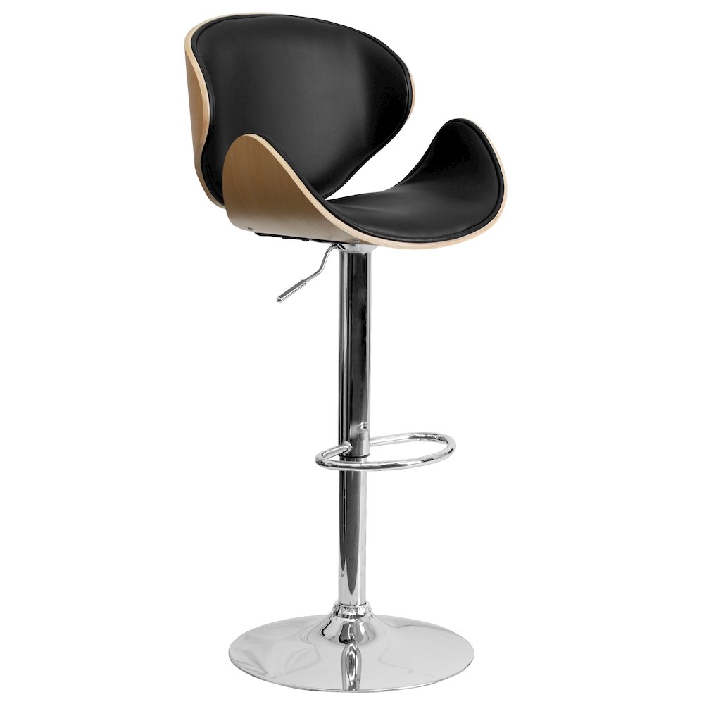 Beech Bentwood Adjustable Height Barstool with Curved Back and Black Vinyl Seat. Picture 1