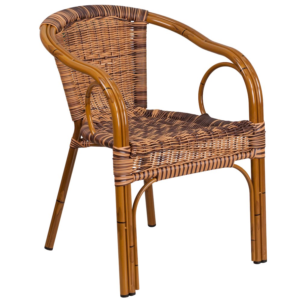 Burning Brown Rattan Restaurant Patio Chair with Dark Red Bamboo-Aluminum Frame. Picture 1