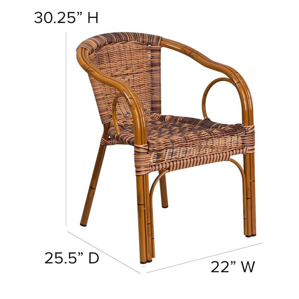 Burning Brown Rattan Restaurant Patio Chair with Dark Red Bamboo-Aluminum Frame. Picture 6