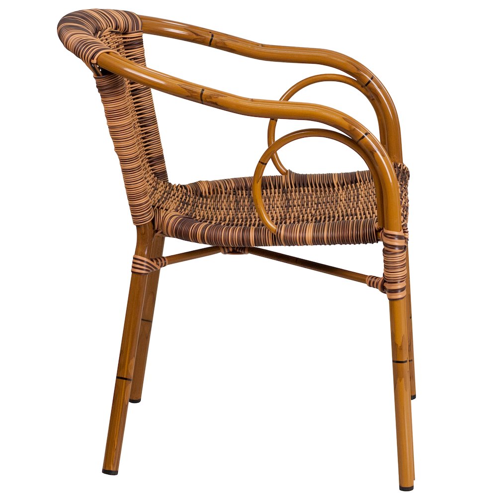 Burning Brown Rattan Restaurant Patio Chair with Dark Red Bamboo-Aluminum Frame. Picture 2