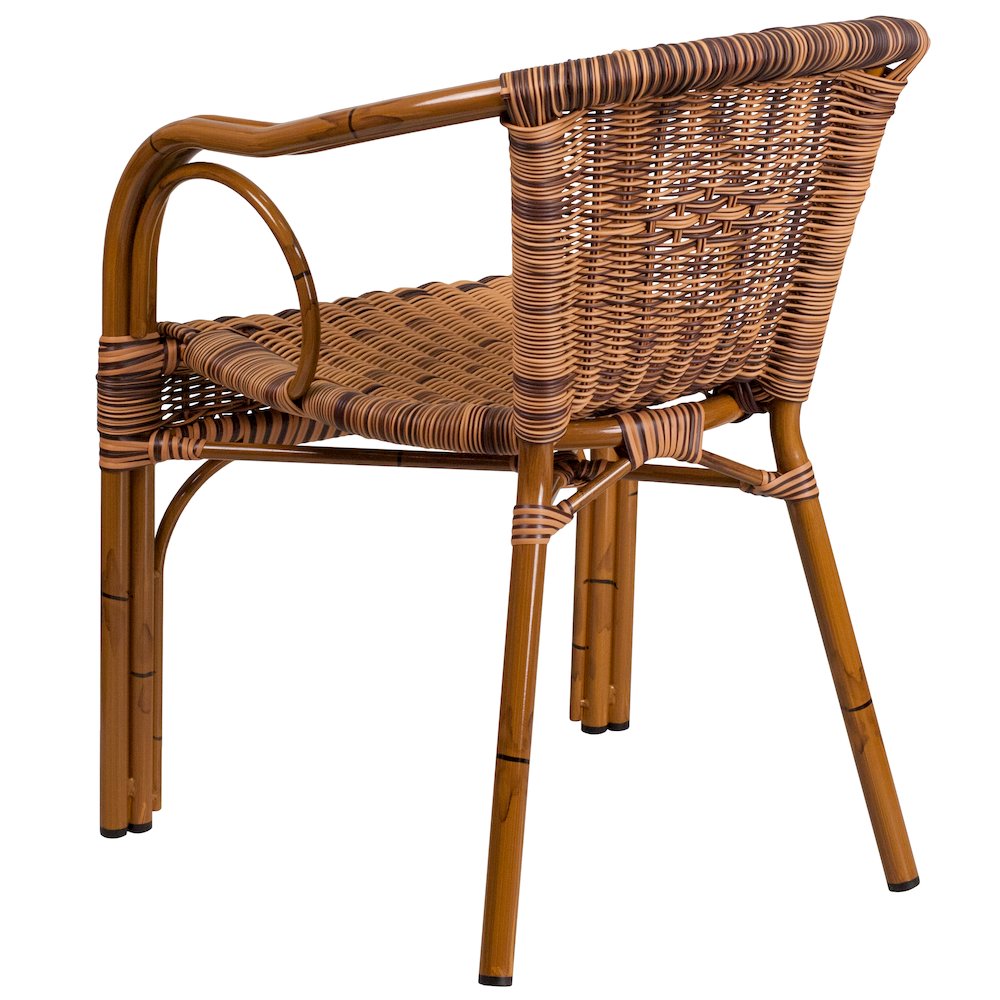 Burning Brown Rattan Restaurant Patio Chair with Dark Red Bamboo-Aluminum Frame. Picture 3