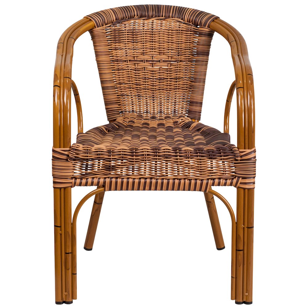 Burning Brown Rattan Restaurant Patio Chair with Dark Red Bamboo-Aluminum Frame. Picture 4