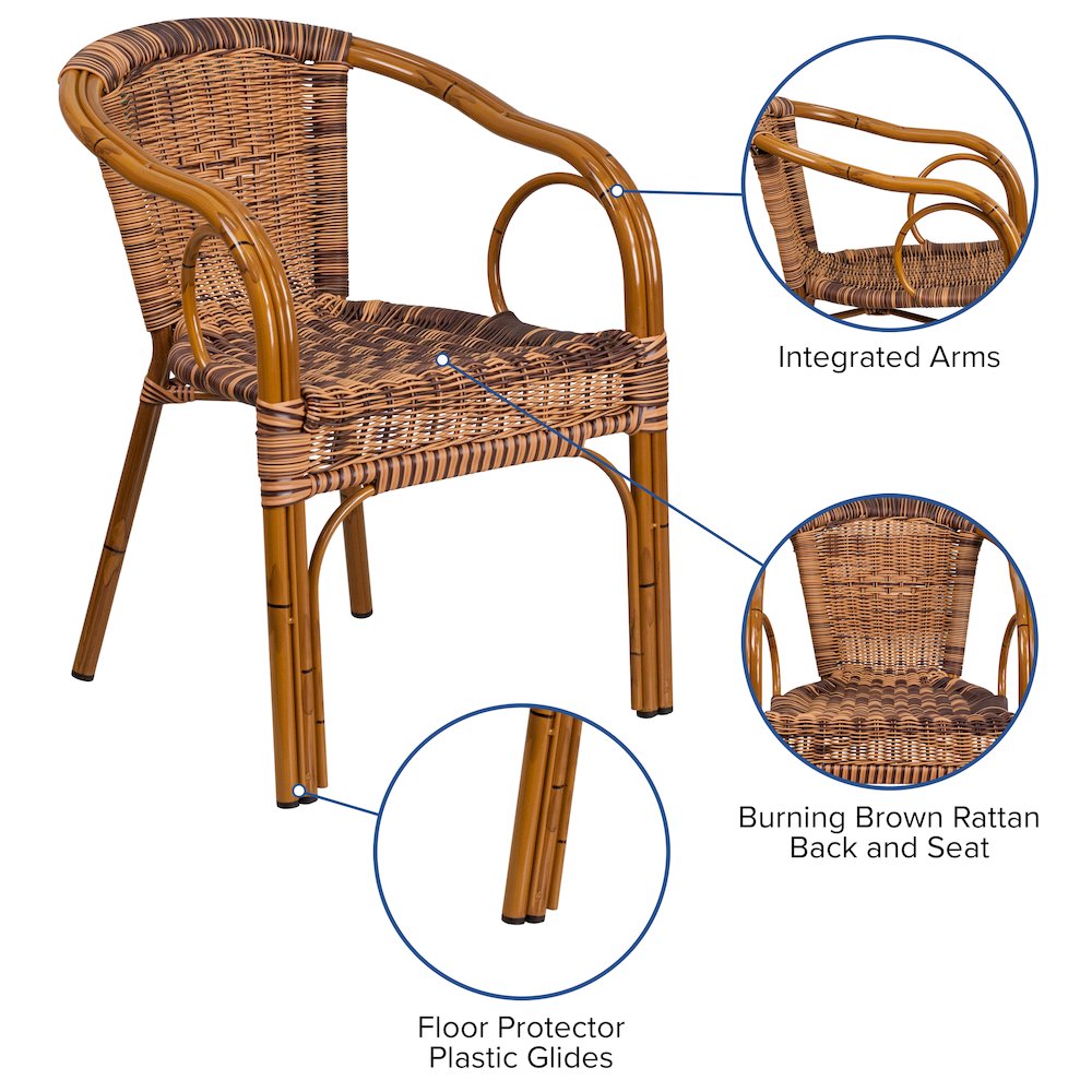 Burning Brown Rattan Restaurant Patio Chair with Dark Red Bamboo-Aluminum Frame. Picture 5