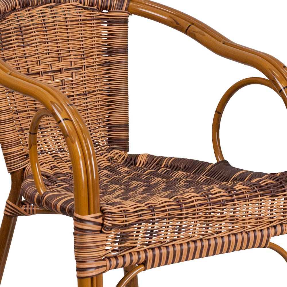 Burning Brown Rattan Restaurant Patio Chair with Dark Red Bamboo-Aluminum Frame. Picture 11