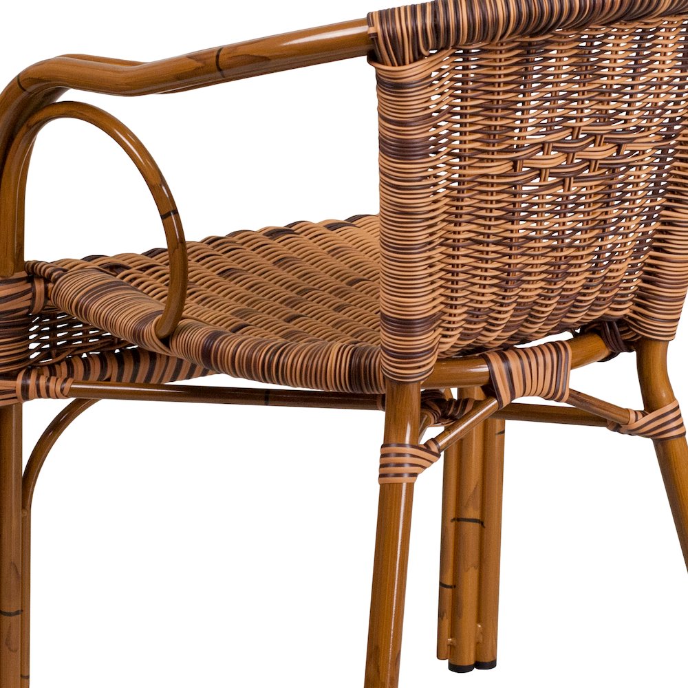 Burning Brown Rattan Restaurant Patio Chair with Dark Red Bamboo-Aluminum Frame. Picture 8