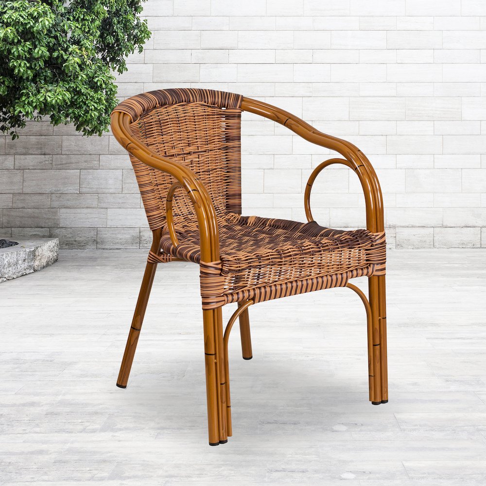 Burning Brown Rattan Restaurant Patio Chair with Dark Red Bamboo-Aluminum Frame. Picture 5