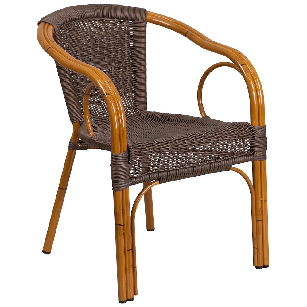 Dark Brown Rattan Restaurant Patio Chair with Red Bamboo-Aluminum Frame. Picture 1