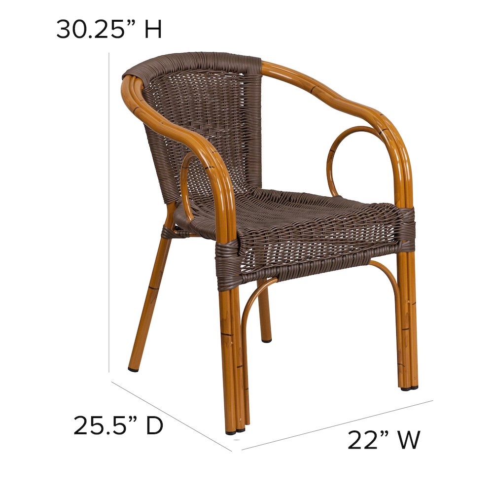 Dark Brown Rattan Restaurant Patio Chair with Red Bamboo-Aluminum Frame. Picture 6
