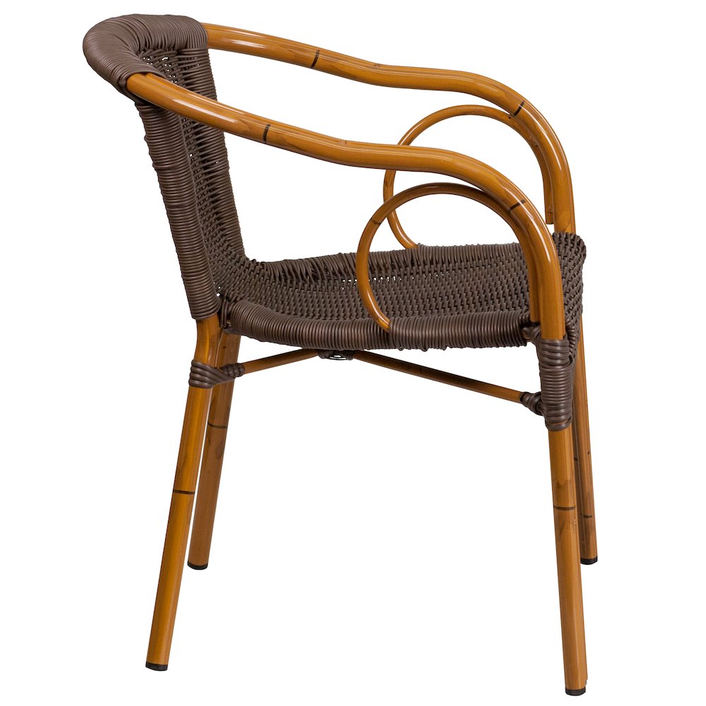 Dark Brown Rattan Restaurant Patio Chair with Red Bamboo-Aluminum Frame. Picture 9