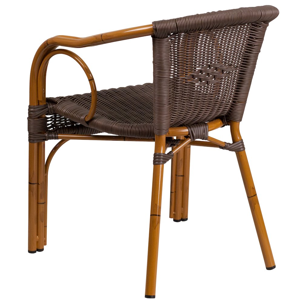 Dark Brown Rattan Restaurant Patio Chair with Red Bamboo-Aluminum Frame. Picture 7