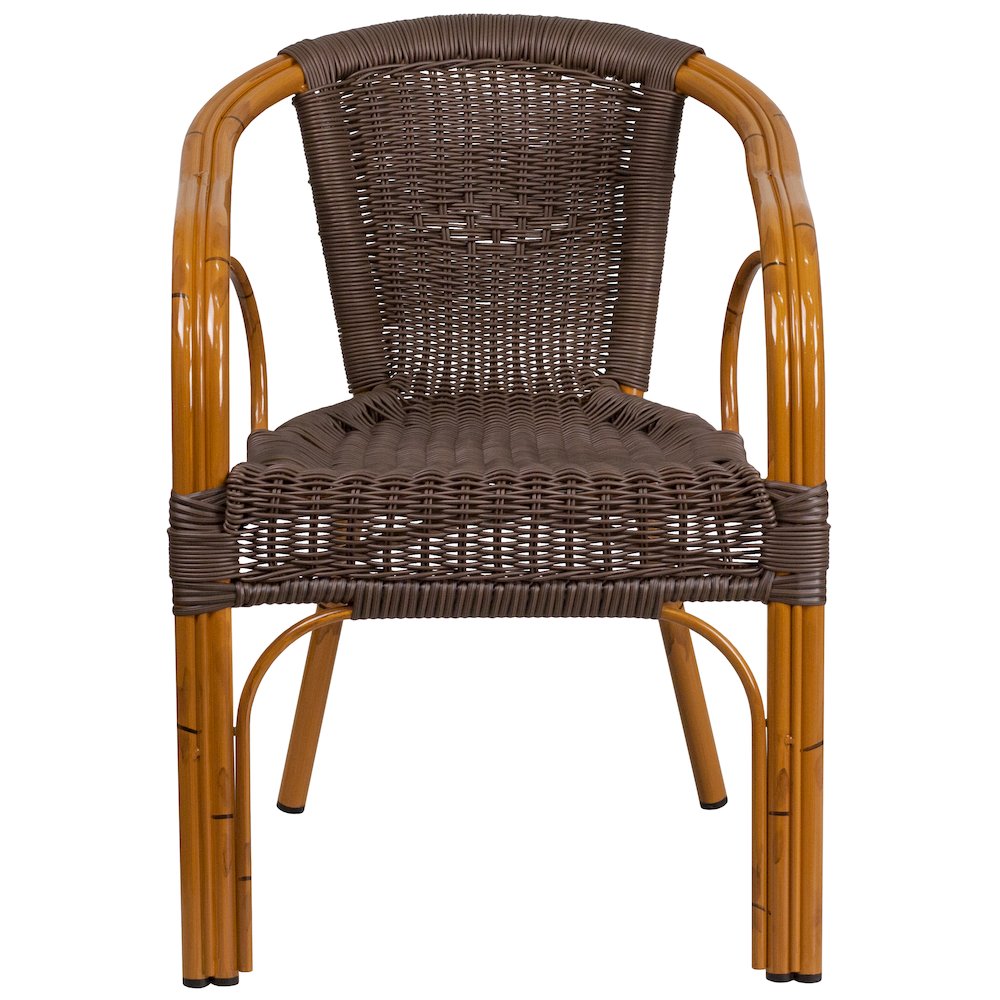 Dark Brown Rattan Restaurant Patio Chair with Red Bamboo-Aluminum Frame. Picture 10