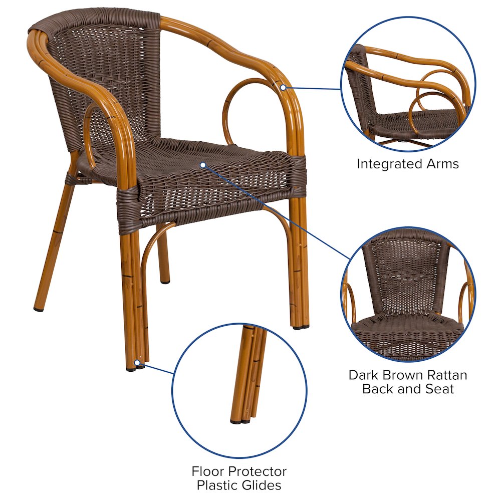 Dark Brown Rattan Restaurant Patio Chair with Red Bamboo-Aluminum Frame. Picture 5