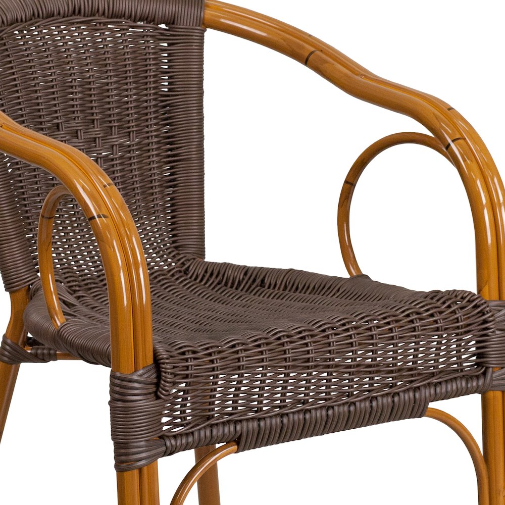 Dark Brown Rattan Restaurant Patio Chair with Red Bamboo-Aluminum Frame. Picture 8