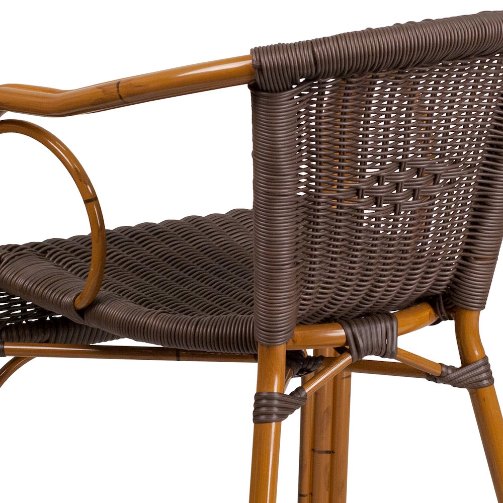 Dark Brown Rattan Restaurant Patio Chair with Red Bamboo-Aluminum Frame. Picture 11