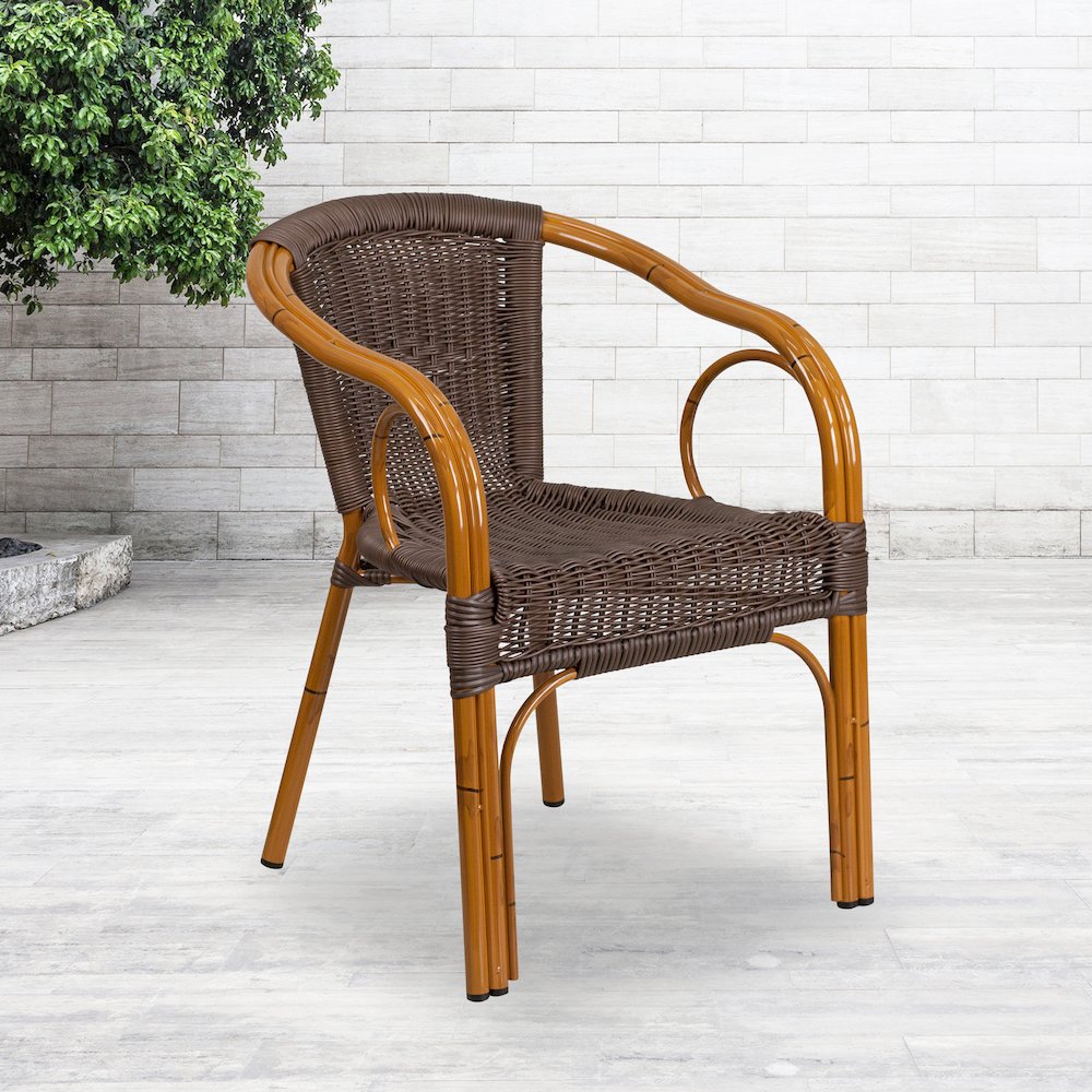 Dark Brown Rattan Restaurant Patio Chair with Red Bamboo-Aluminum Frame. Picture 2