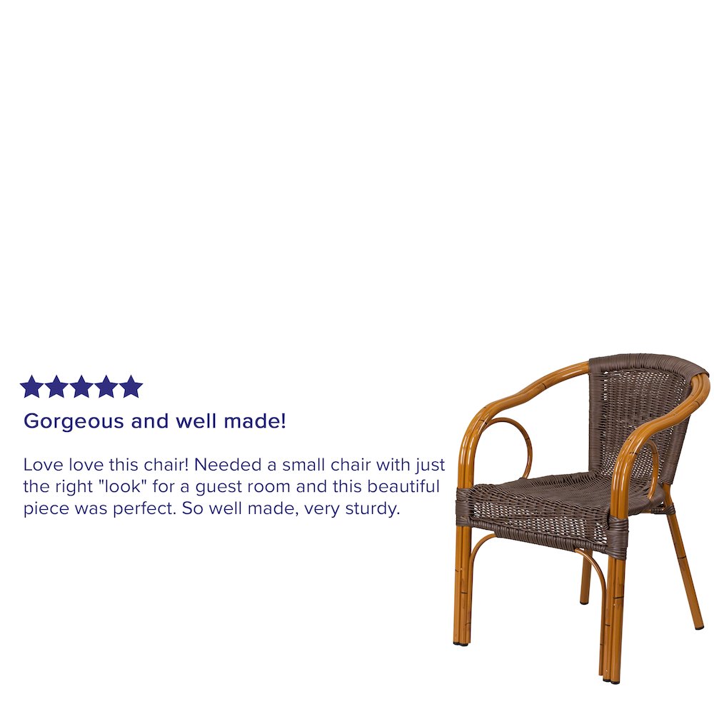 Dark Brown Rattan Restaurant Patio Chair with Red Bamboo-Aluminum Frame. Picture 4