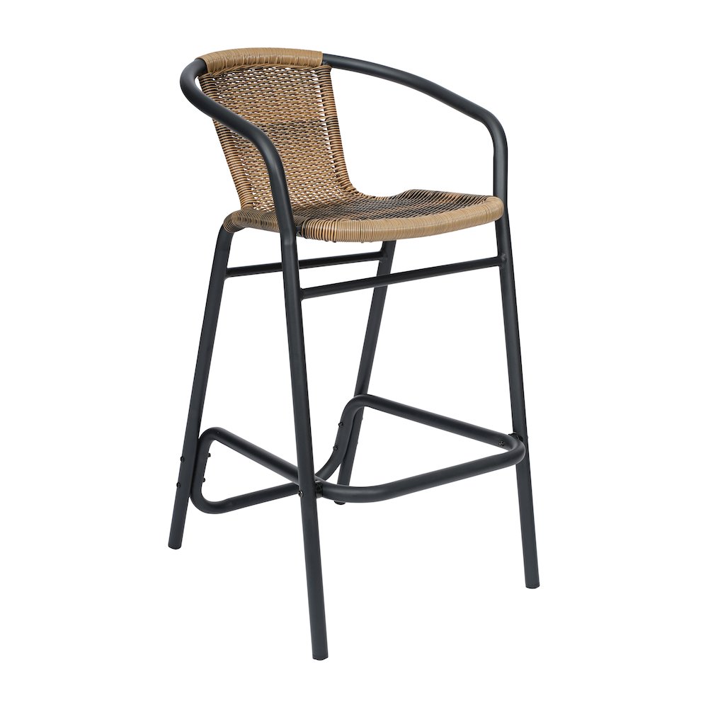 Rattan Restaurant Barstool with Black Aluminum Frame and Footrest, Medium Brown. Picture 1