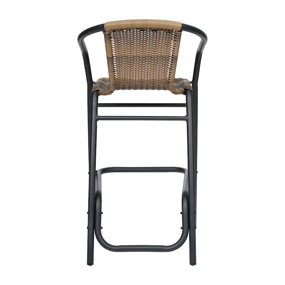 Rattan Restaurant Barstool with Black Aluminum Frame and Footrest, Medium Brown. Picture 7