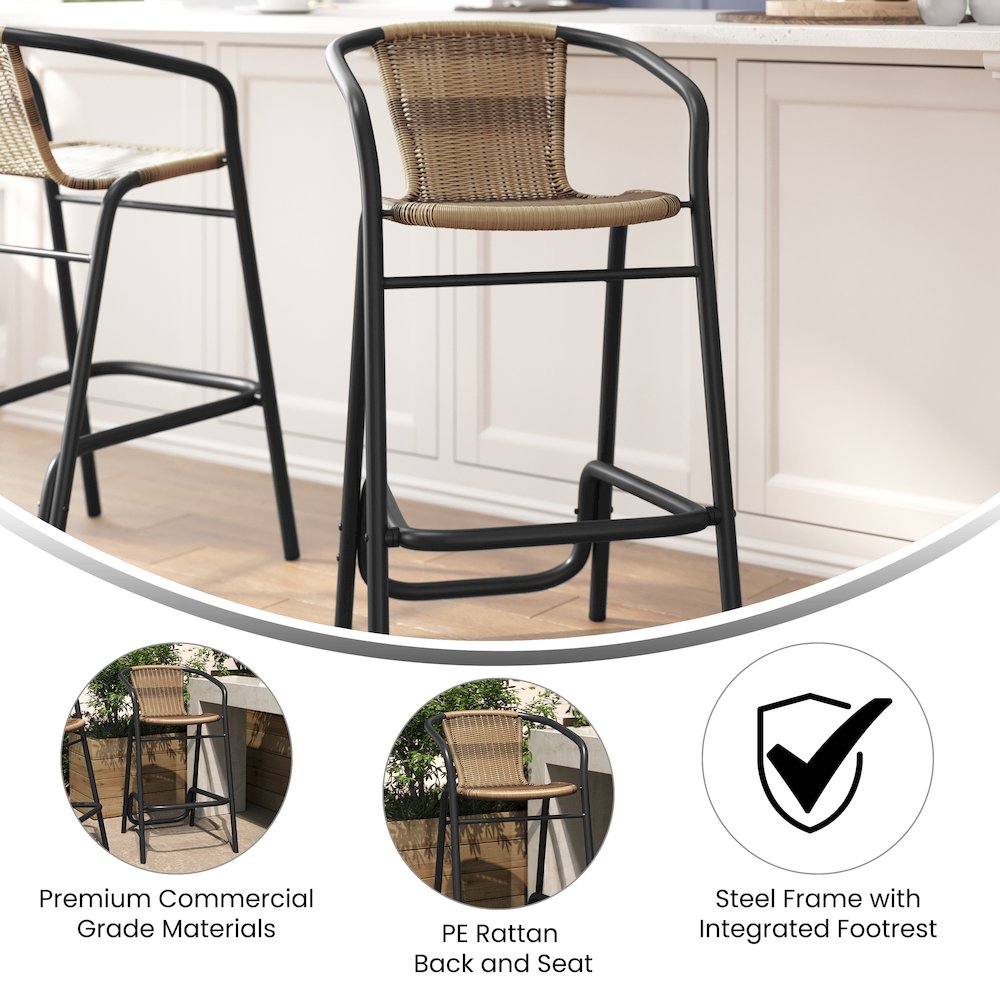 Rattan Restaurant Barstool with Black Aluminum Frame and Footrest, Medium Brown. Picture 4