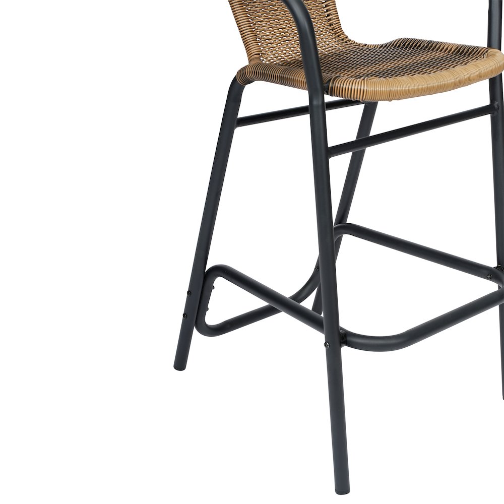 Rattan Restaurant Barstool with Black Aluminum Frame and Footrest, Medium Brown. Picture 8