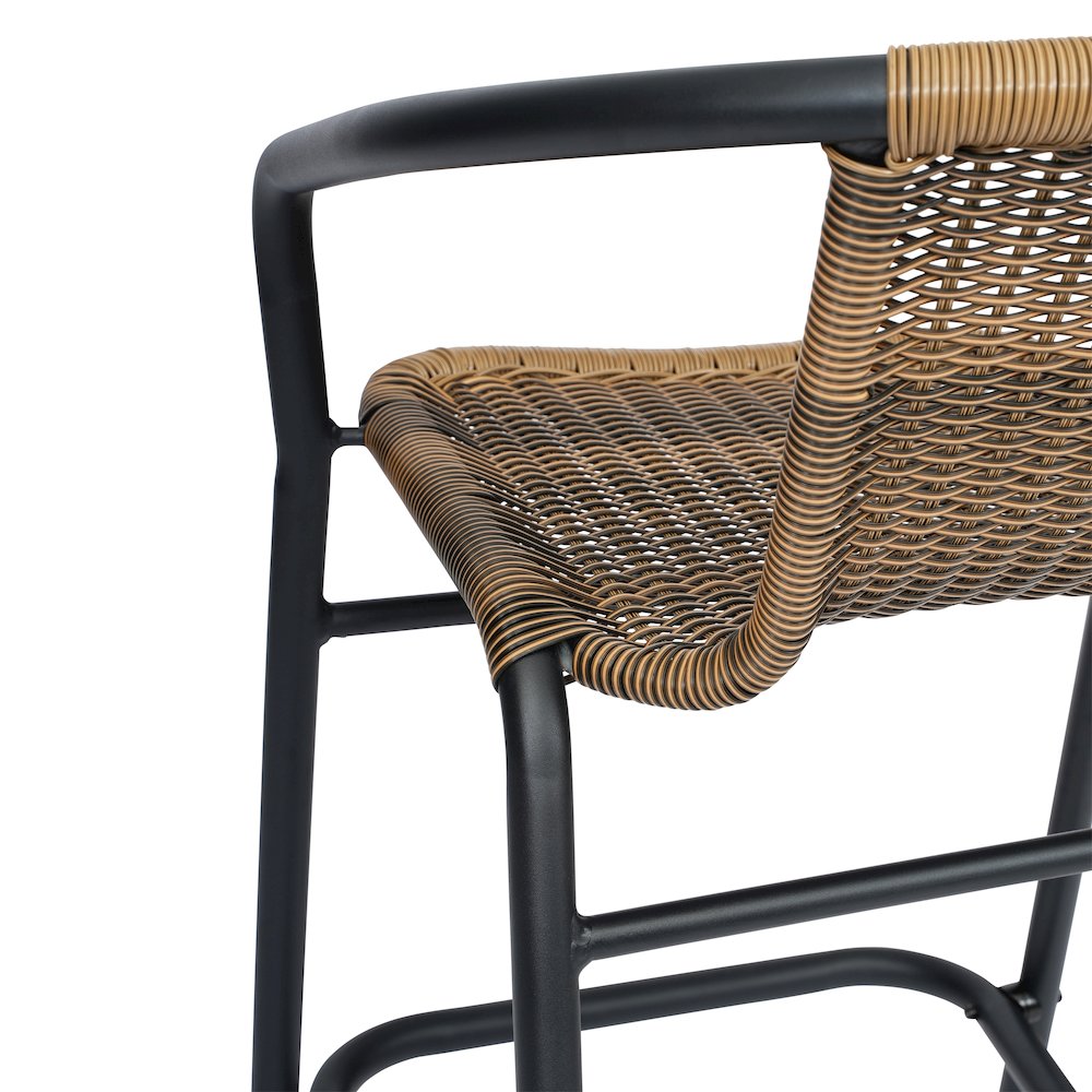 Rattan Restaurant Barstool with Black Aluminum Frame and Footrest, Medium Brown. Picture 14