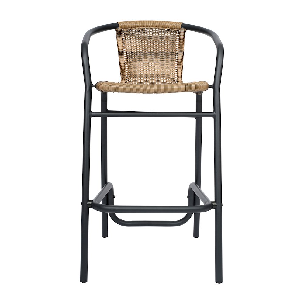Rattan Restaurant Barstool with Black Aluminum Frame and Footrest, Medium Brown. Picture 10