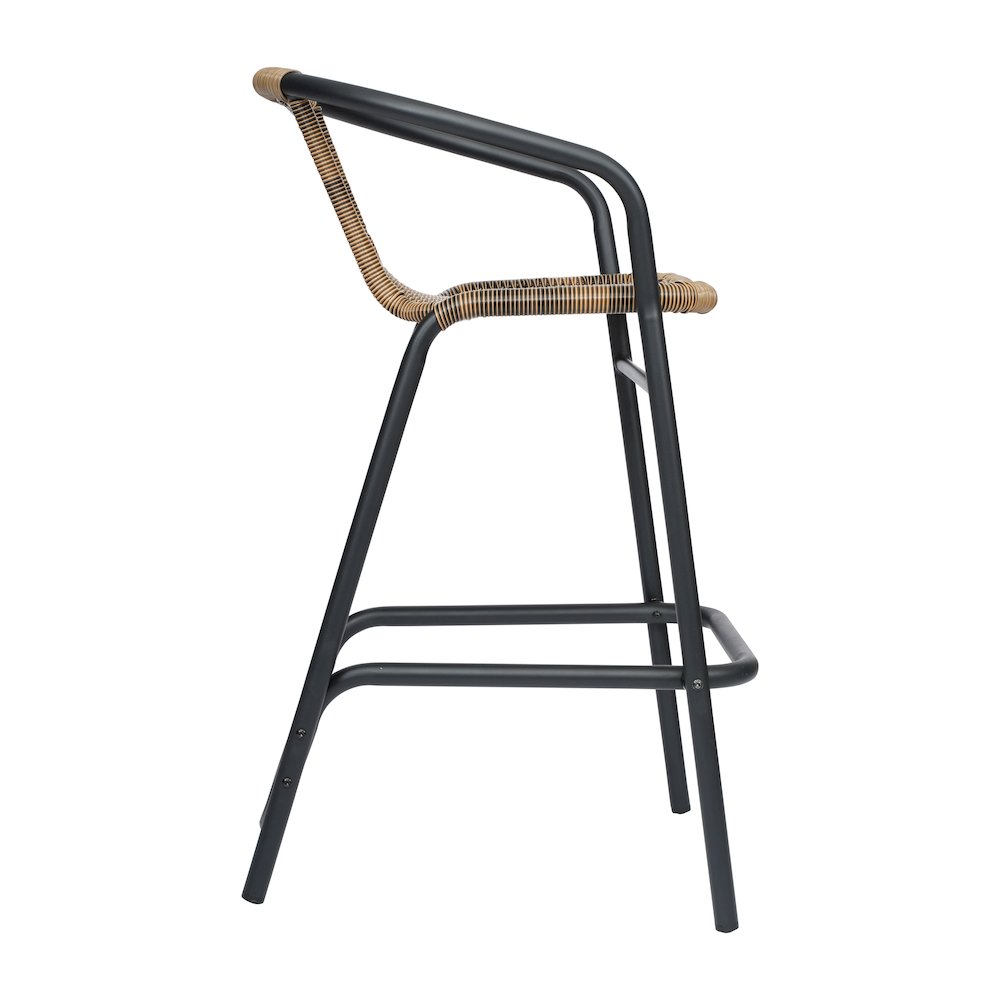 Rattan Restaurant Barstool with Black Aluminum Frame and Footrest, Medium Brown. Picture 9