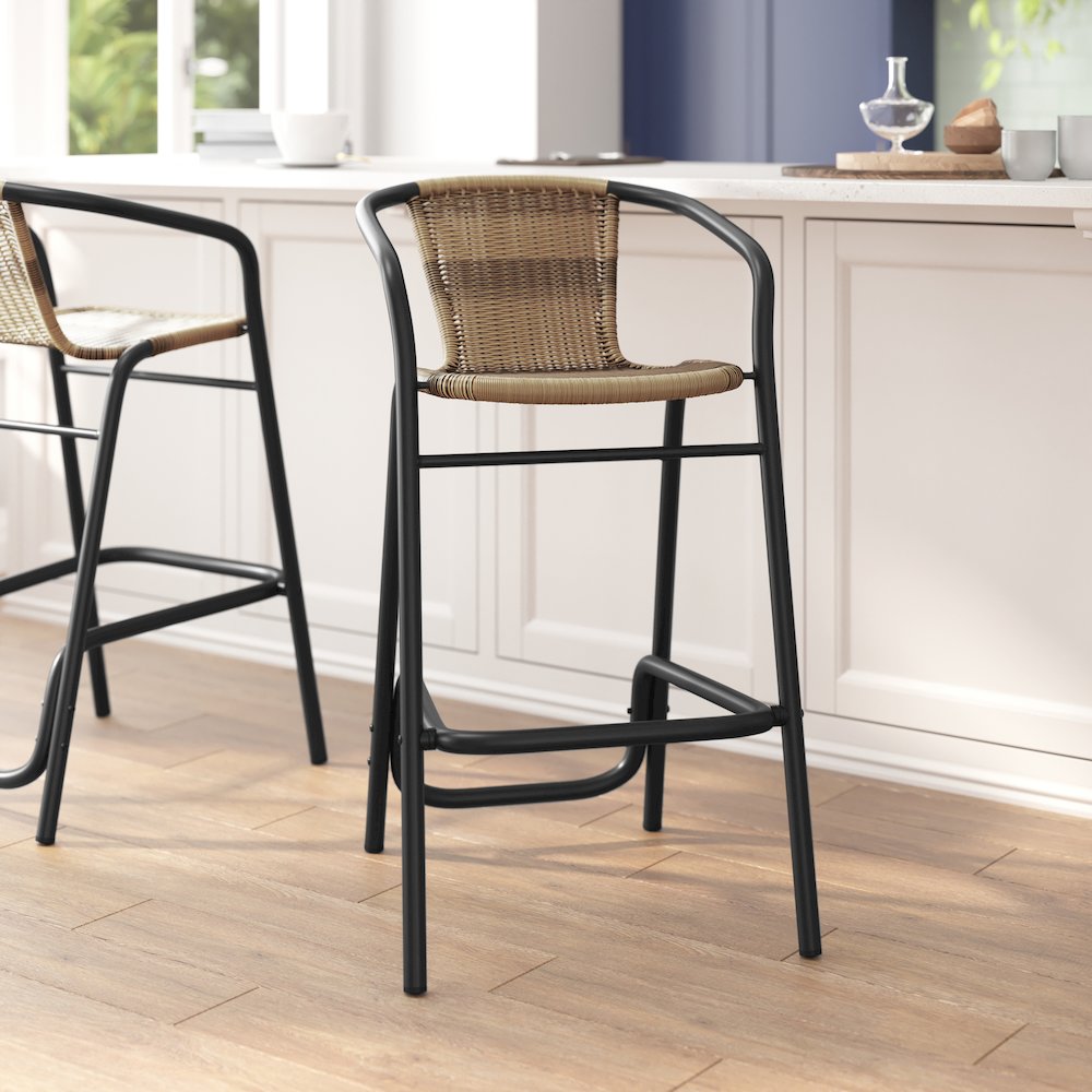Rattan Restaurant Barstool with Black Aluminum Frame and Footrest, Medium Brown. Picture 6