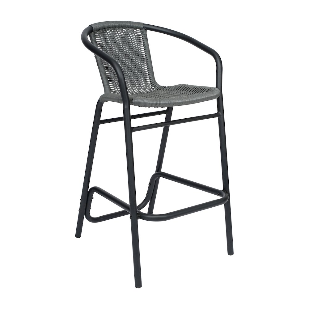 PE Rattan Restaurant Barstool with Black Aluminum Frame and Footrest in Gray. Picture 1