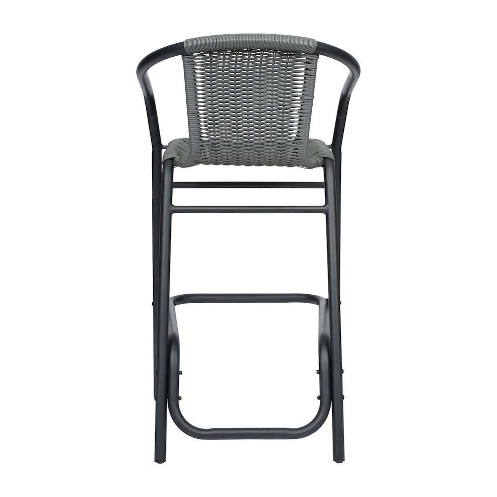 PE Rattan Restaurant Barstool with Black Aluminum Frame and Footrest in Gray. Picture 7