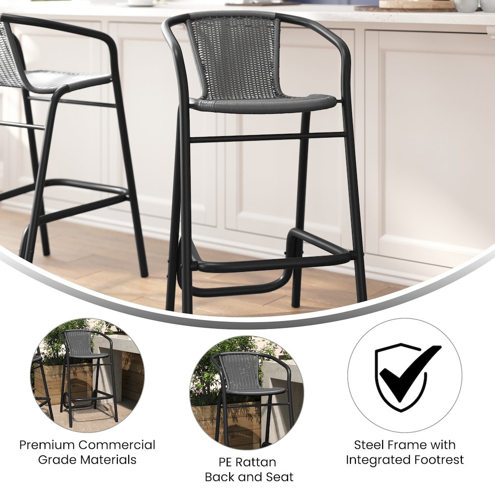 PE Rattan Restaurant Barstool with Black Aluminum Frame and Footrest in Gray. Picture 4