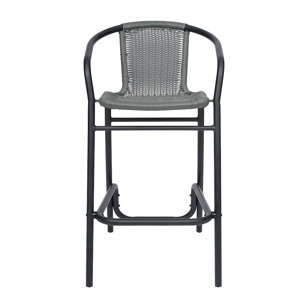 PE Rattan Restaurant Barstool with Black Aluminum Frame and Footrest in Gray. Picture 10