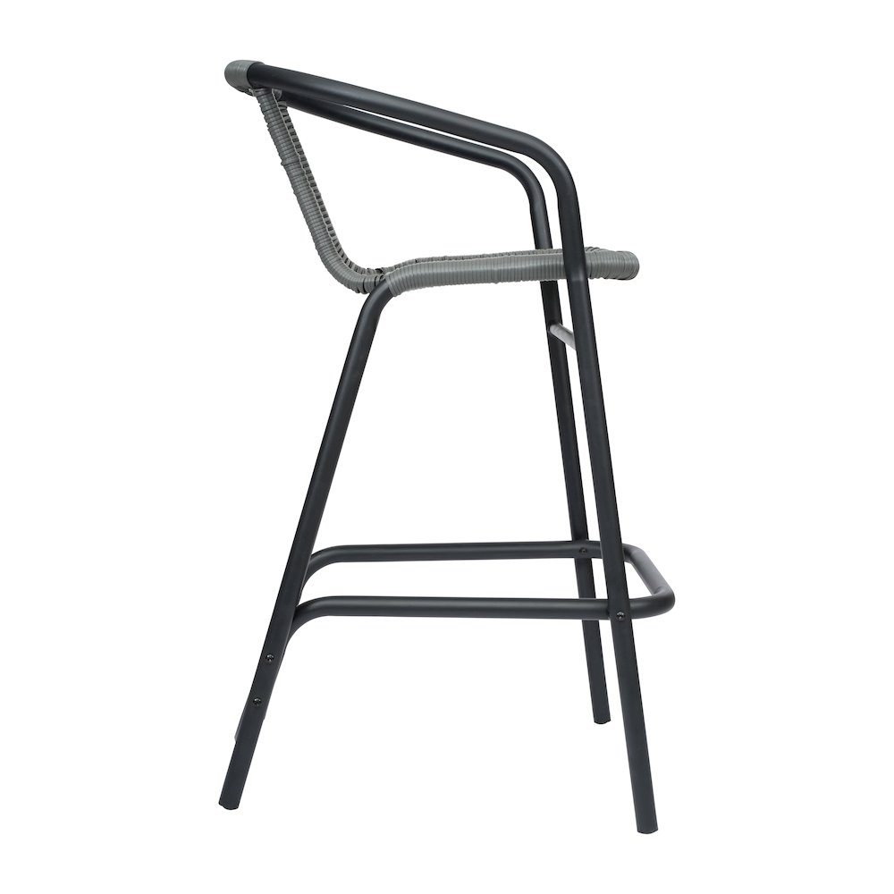 PE Rattan Restaurant Barstool with Black Aluminum Frame and Footrest in Gray. Picture 9