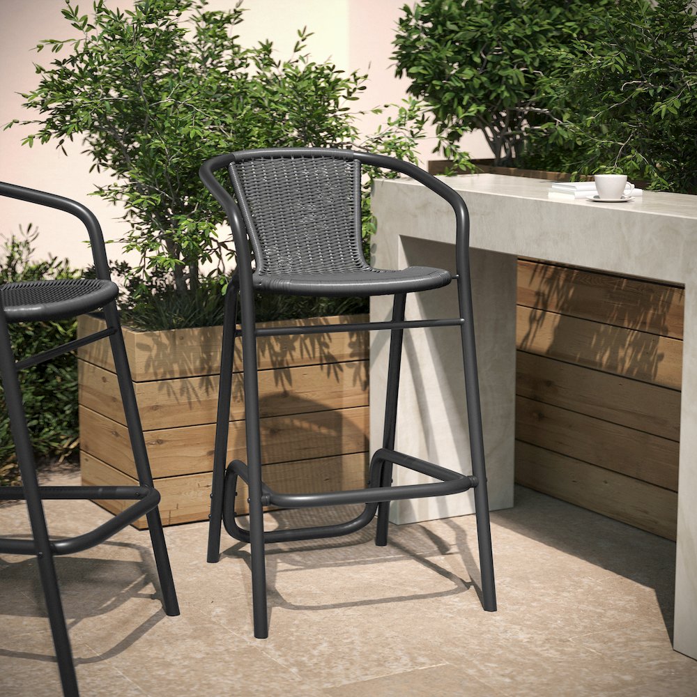 PE Rattan Restaurant Barstool with Black Aluminum Frame and Footrest in Gray. Picture 3