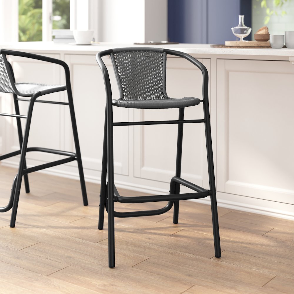 PE Rattan Restaurant Barstool with Black Aluminum Frame and Footrest in Gray. Picture 6