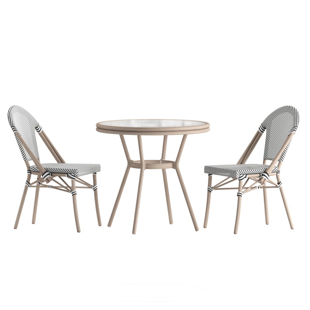 Bistro 31.5" Table, Black/White Textilene, Glass Top with 2 Stack Chairs. Picture 1