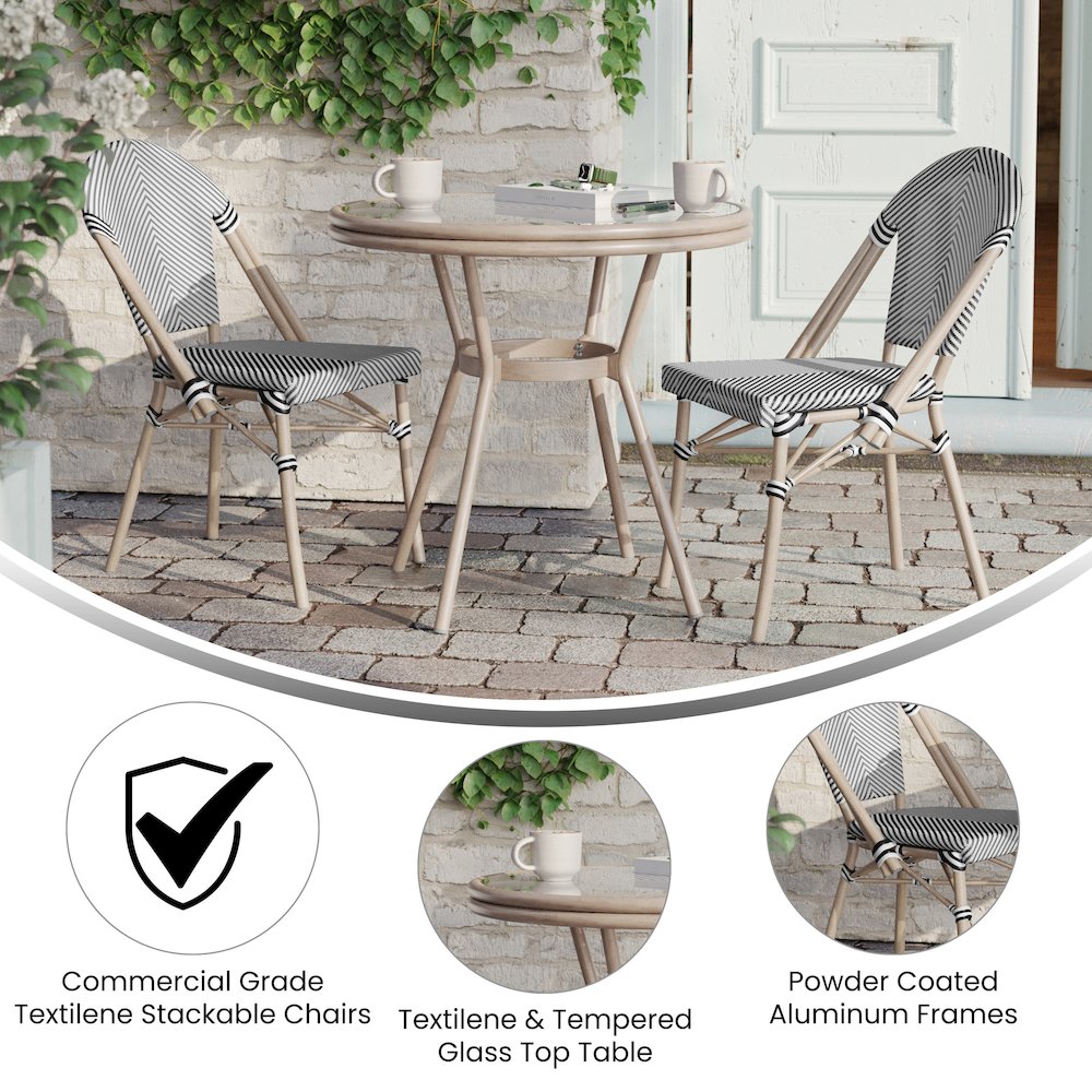 Bistro 31.5" Table, Black/White Textilene, Glass Top with 2 Stack Chairs. Picture 4