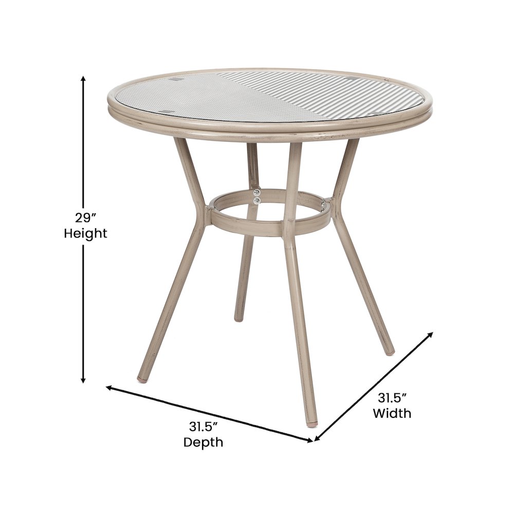 Bistro 31.5" Table, Black/White Textilene, Glass Top with 2 Stack Chairs. Picture 5