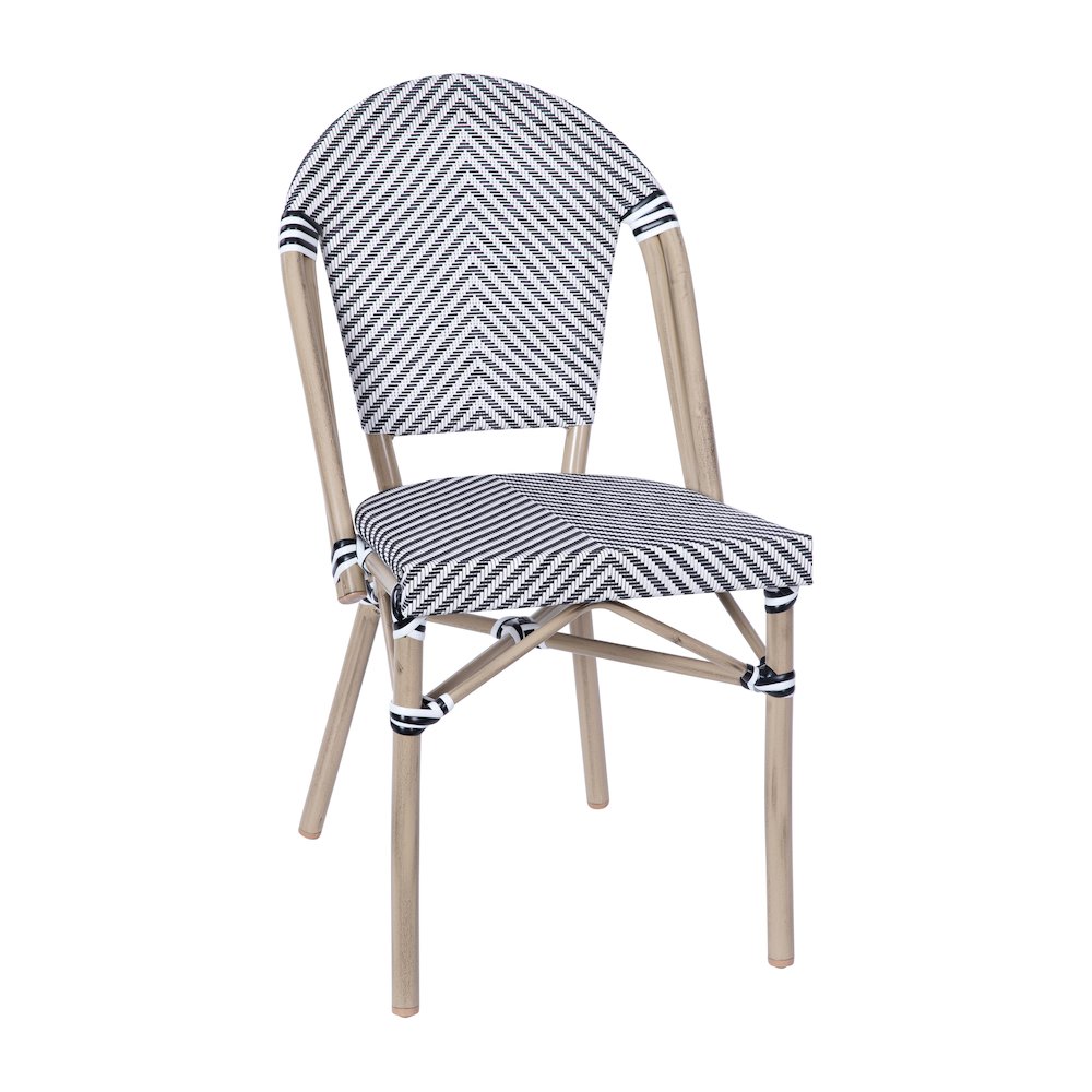 Bistro 31.5" Table, Black/White Textilene, Glass Top with 2 Stack Chairs. Picture 9
