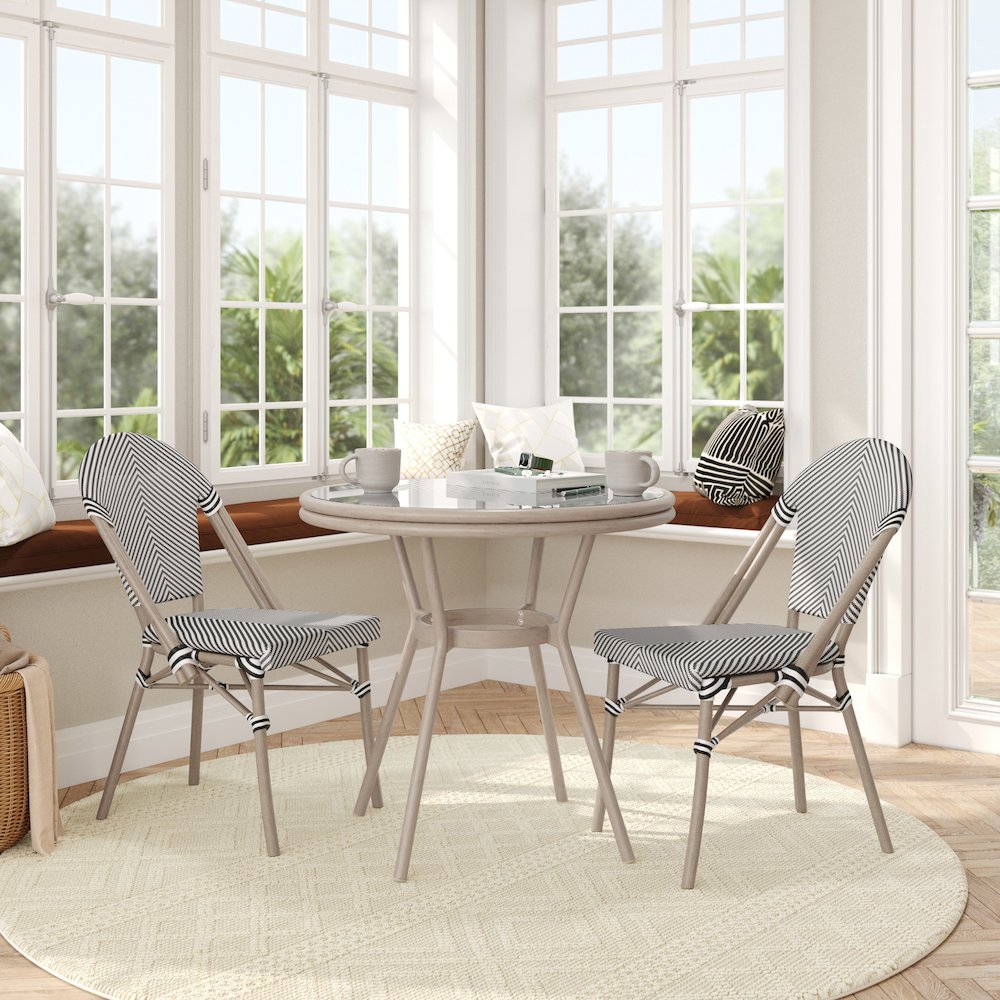 Bistro 31.5" Table, Black/White Textilene, Glass Top with 2 Stack Chairs. Picture 3