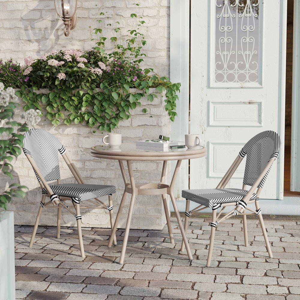 Bistro 31.5" Table, Black/White Textilene, Glass Top with 2 Stack Chairs. Picture 7