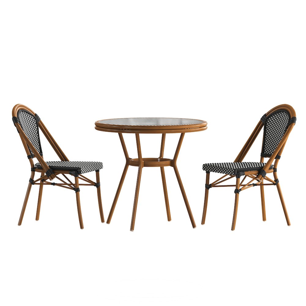 Bistro 31.5" Table, Black and White PE Rattan, Glass Top with 2 Stack Chairs. Picture 1