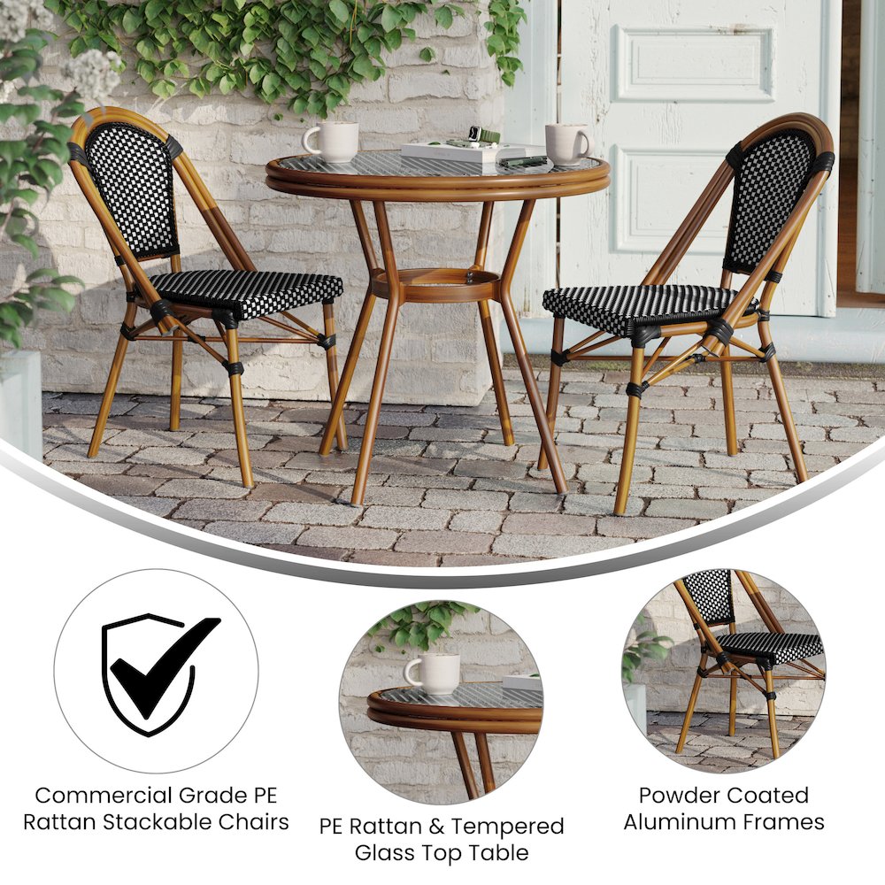 Bistro 31.5" Table, Black and White PE Rattan, Glass Top with 2 Stack Chairs. Picture 4