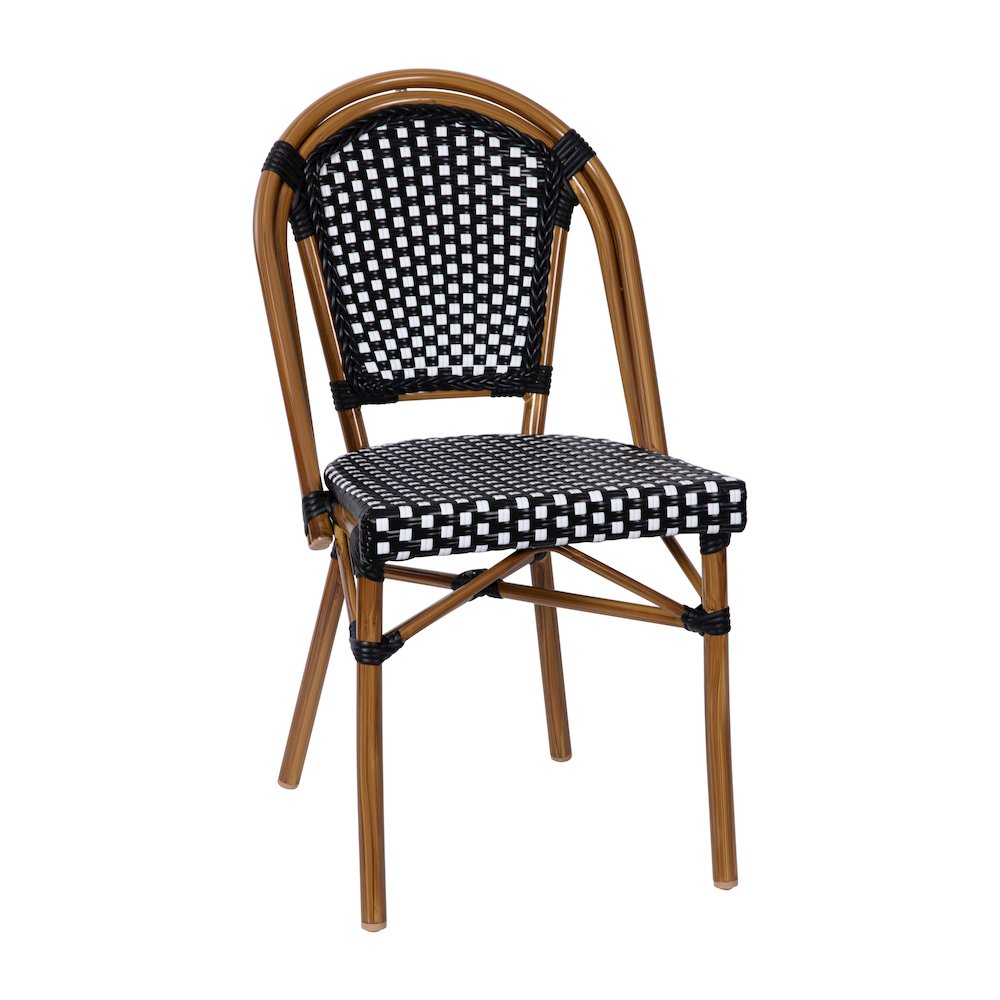 Bistro 31.5" Table, Black and White PE Rattan, Glass Top with 2 Stack Chairs. Picture 9